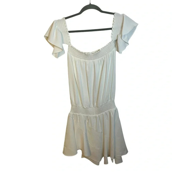 Amanda Uprichard White Smocked Off Shoulder Drop Waist Mini Dress - Picture 2 of 4